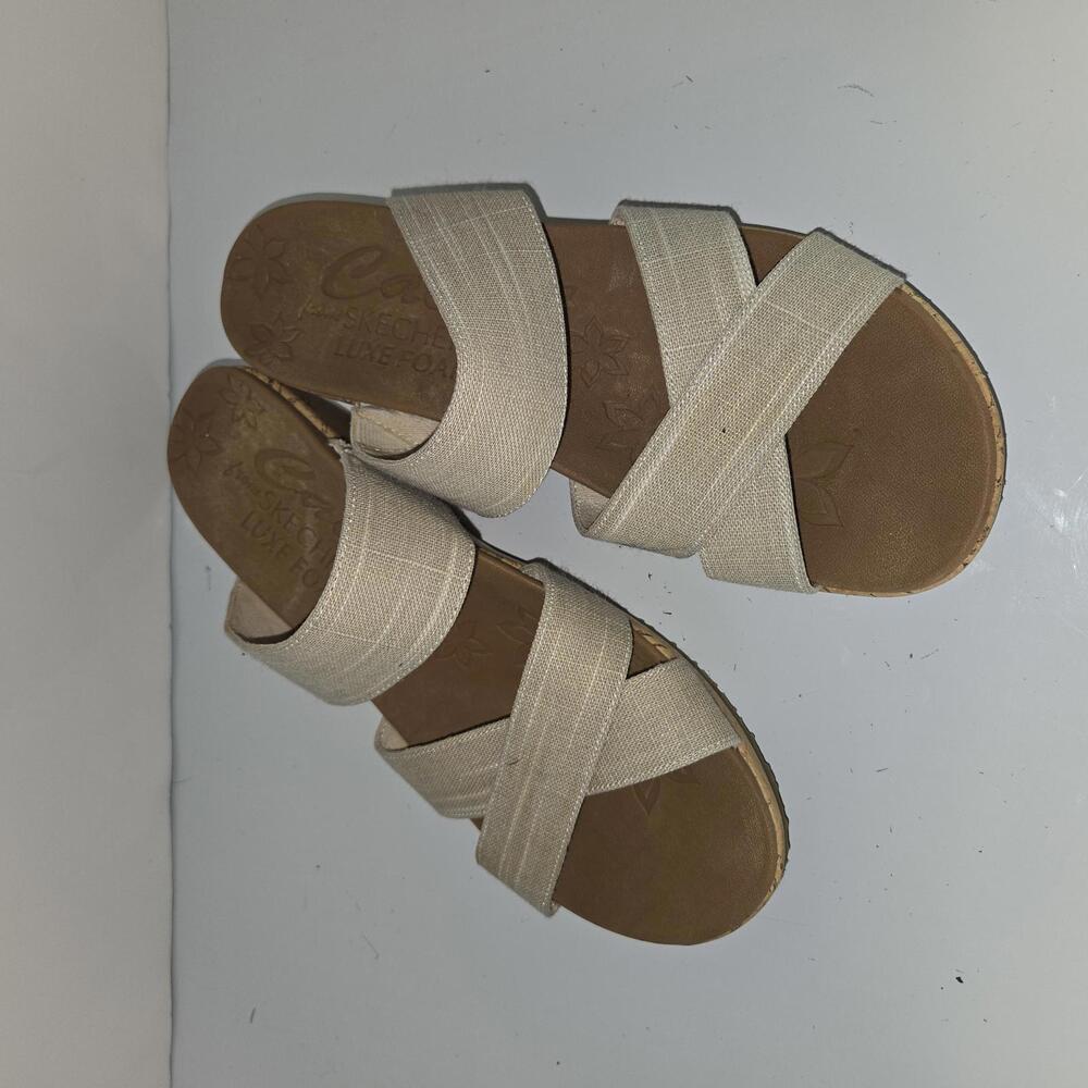 0391 Cali‎ From Skechers Luxe Foam Sandals Beverlee Beige Wedge Slide Size 11